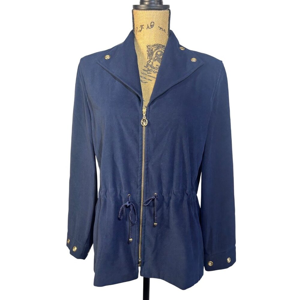 St. John Sport By Marie Gray Womens Navy Jacket Drawstring Waist Zip Closure